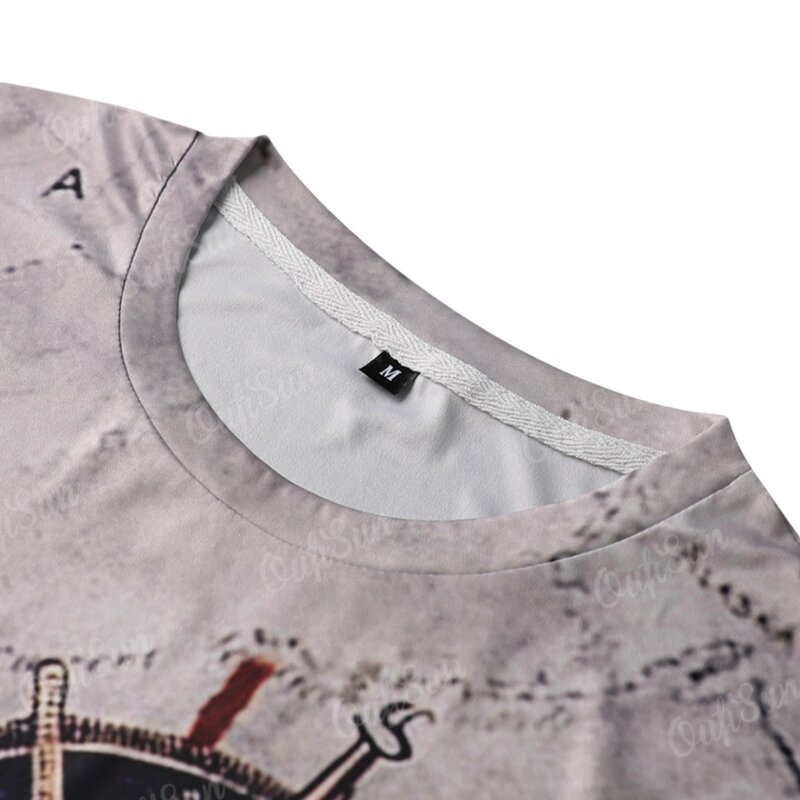 Men's Vintage Nautical Map Compass Print T-Shirt Summer Daily Loose Short Sleeve Male Tops Casual Tees Unisex Clothing Apparel