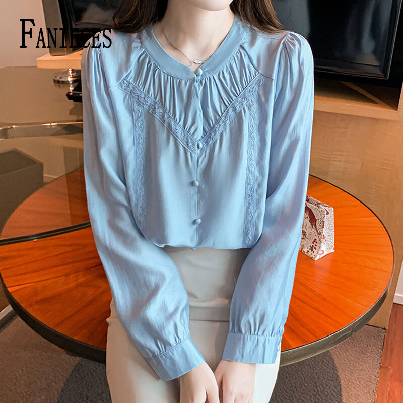 FANIECES-Blusa feminina de manga comprida com o pescoço, camisa básica de escritório, tops chiques, azul sólido, doce, estilo coreano, moda
