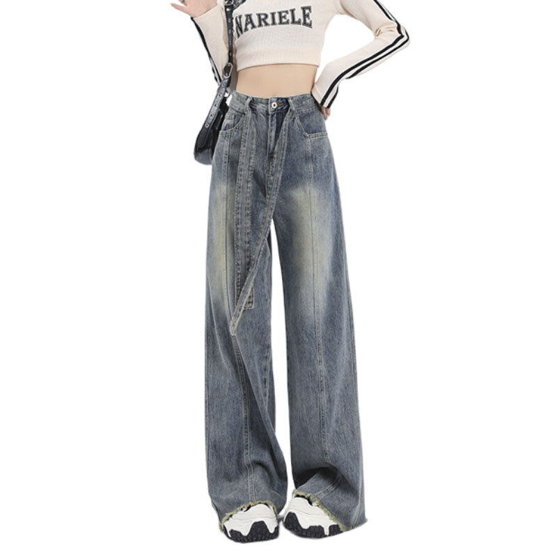Amerykańska moda Vintage jeansy z wysokim stanem w stylu Y2K eleganckie spodnie z paskiem luźne spodnie hiphopowe w stylu Streetwear