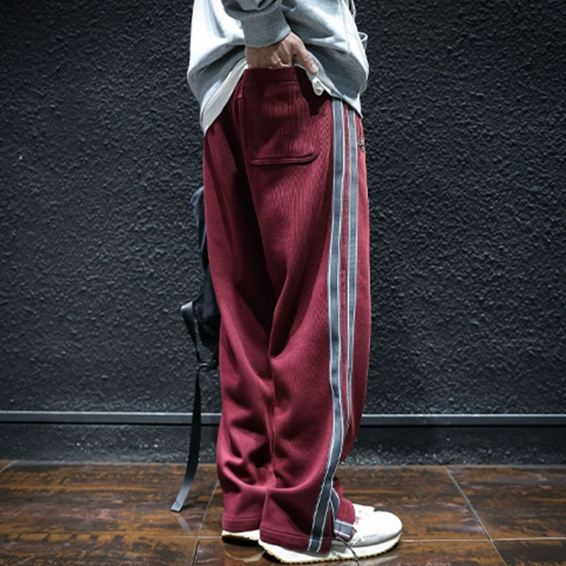 Harajuku Men Straight Stripes Sweatpants Korean Spring Autumn Male New Elastic Waist Zipper Pockets Loose Sports Casual Trousers