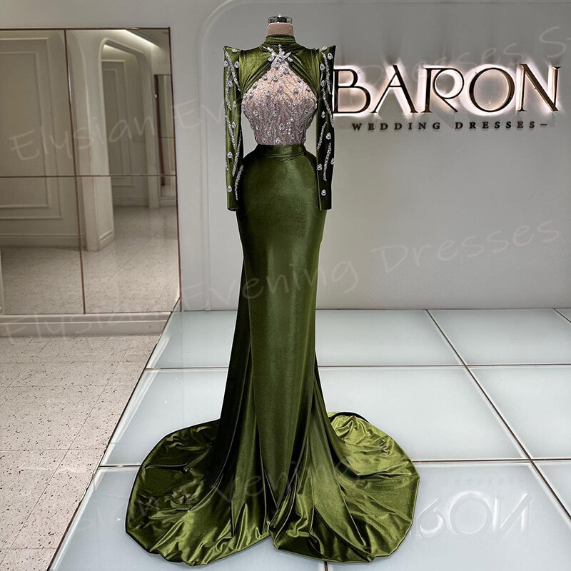 Vestido de noite feminino sereia verde, elegante, manga comprida, gola alta, vestidos de baile, frisado, charmoso, elegante, modesto