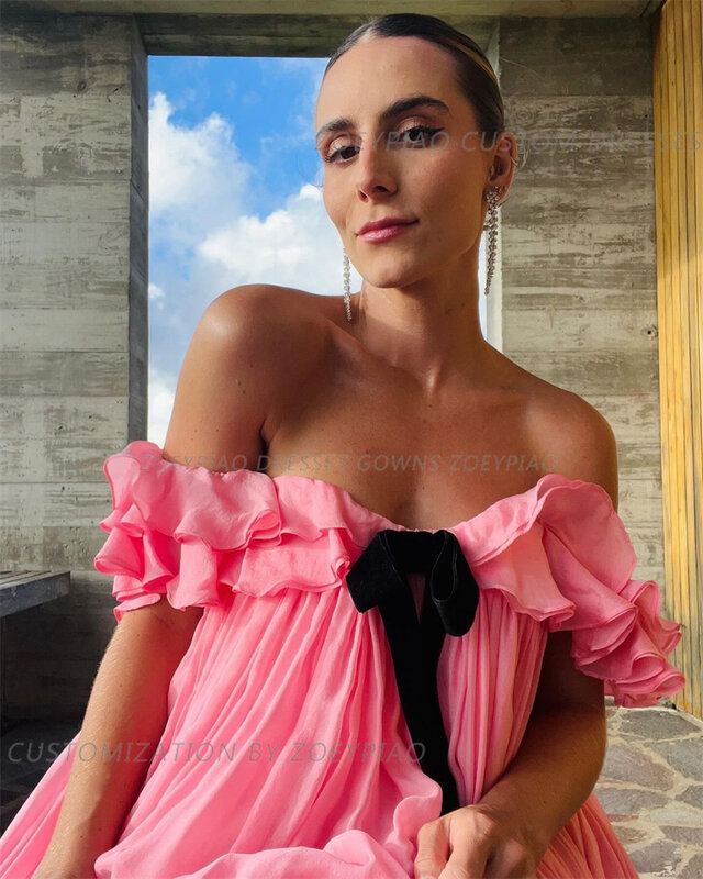 Pink träger los eine Linie Abendkleider mit Schleife Chiffon Urlaubs kleider boden langes Dinnerparty-Kleid für Frauen