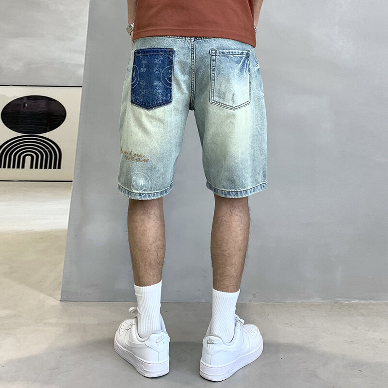 Pantaloncini retrò sottili e semplici estivi di Capris di jeans da uomo Casual dritti di marca alla moda di High Street di colore chiaro
