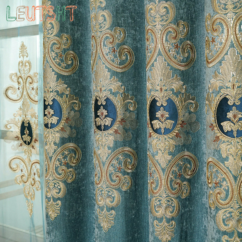 Cortinas estilo europeu para sala de estar, quarto, luz de luxo, bordado, chenille, cortina de porta, janela, cor azul