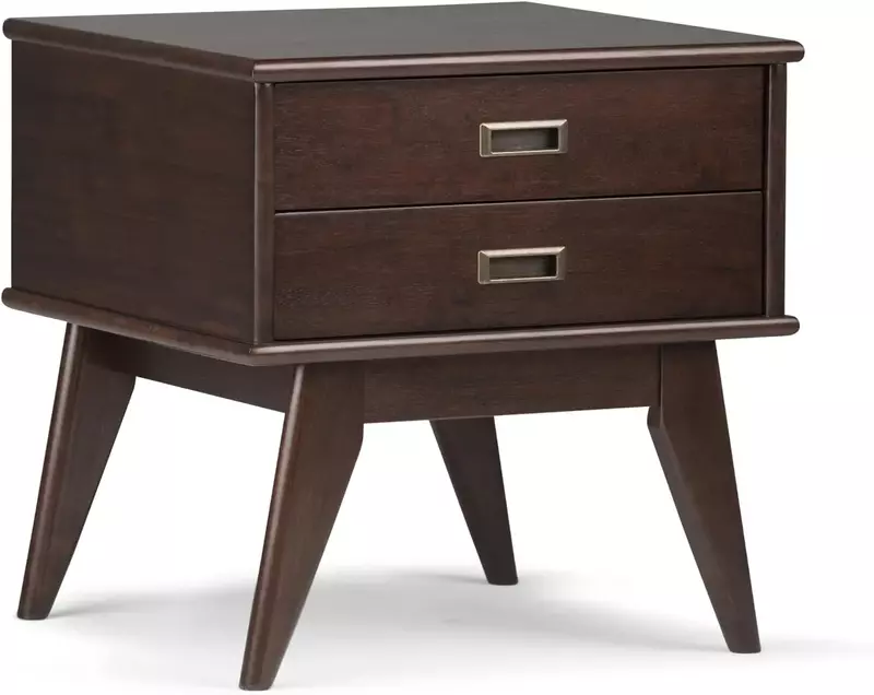 Solid Hardwood Rectangle End Side Table in Medium Auburn Brown with Storage, 2 Drawers, for the Living Room and Bedroom