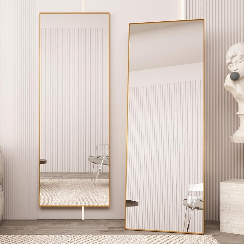 Beauty4u 65x24 Ganzkörper spiegel mit Ständer, Montage Ganzkörper spiegel Metallrahmen Ganzkörper gehärteter Spiegel für Wohnzimmer