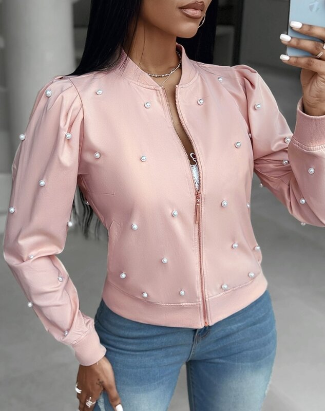 Jacket Coat 2023 Autumn Winter Spring New Casual Beaded Baseball Collar Zipper Design Female Fashion Sweet Clothing Outfits