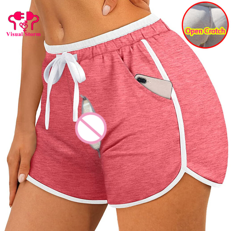 Open Crotch Sexy Short Women Leggings Fitness Push Up Crotchless Clubwear Drawstring Pockets Sport Hot Pants Runing Gym Cloth