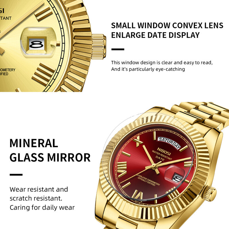 NIBOSI-Relógio Quartz de Luxo Masculino, Marca Moda, Vermelho, Aço Inoxidável, Impermeável, Luminoso, Data Week, Men Relógios