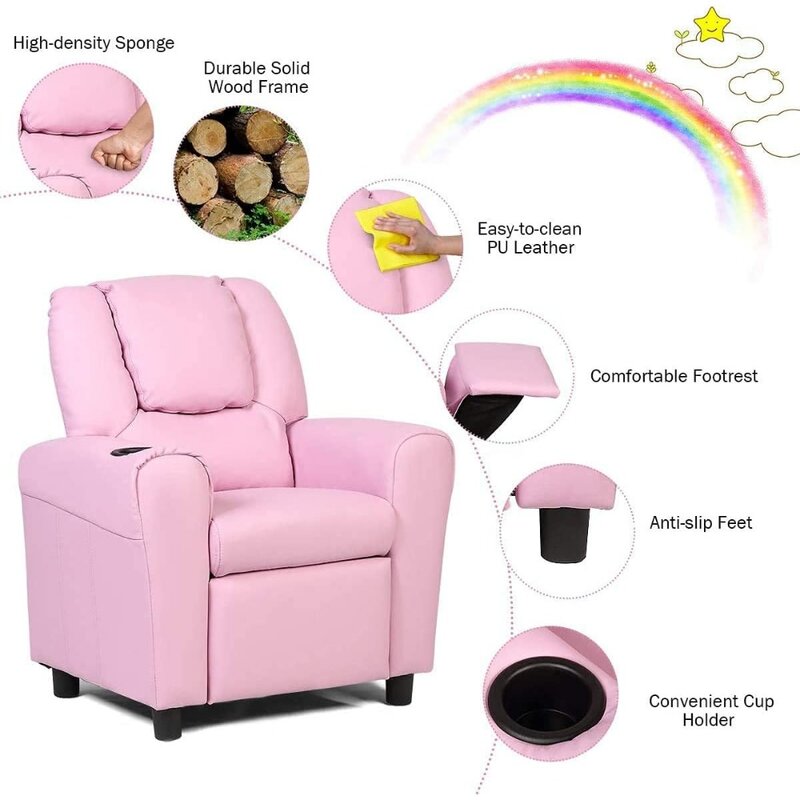 Poltrona estofada infantil com suporte de copo, sofá infantil, mini sofá, cadeira reclinável infantil, mobília do encosto