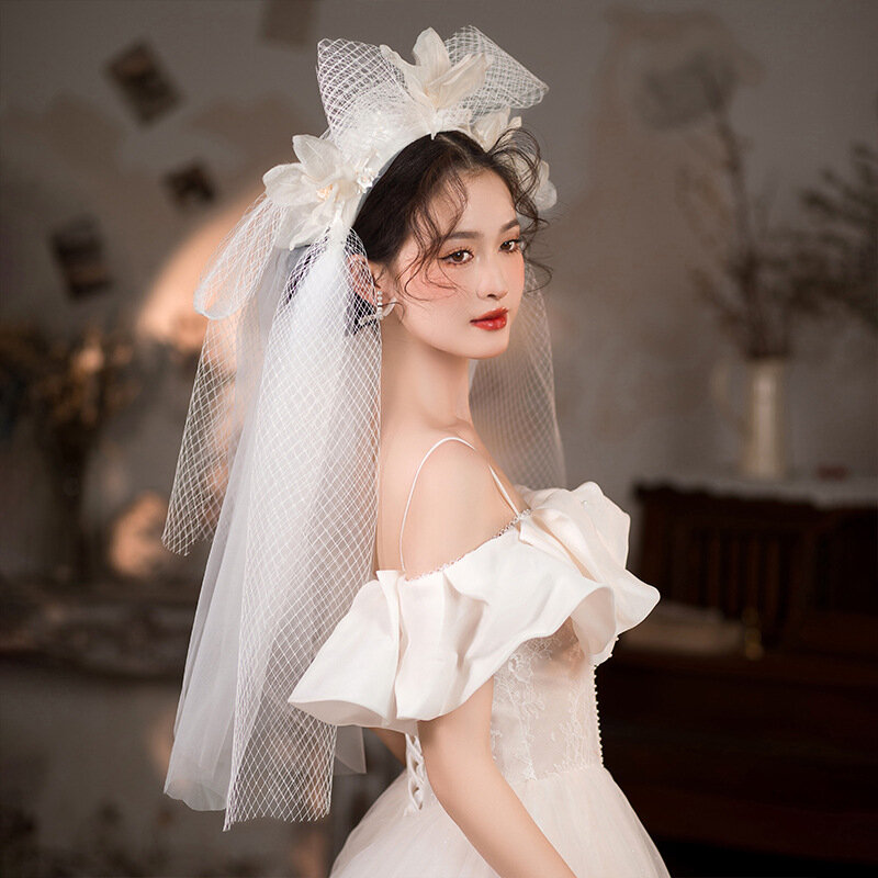 ريترو الصين جمهورية نمط الحجاب الزفاف العروس الدانتيل شبكة تول حفلة التصوير الفوتوغرافي اكسسوارات للشعر