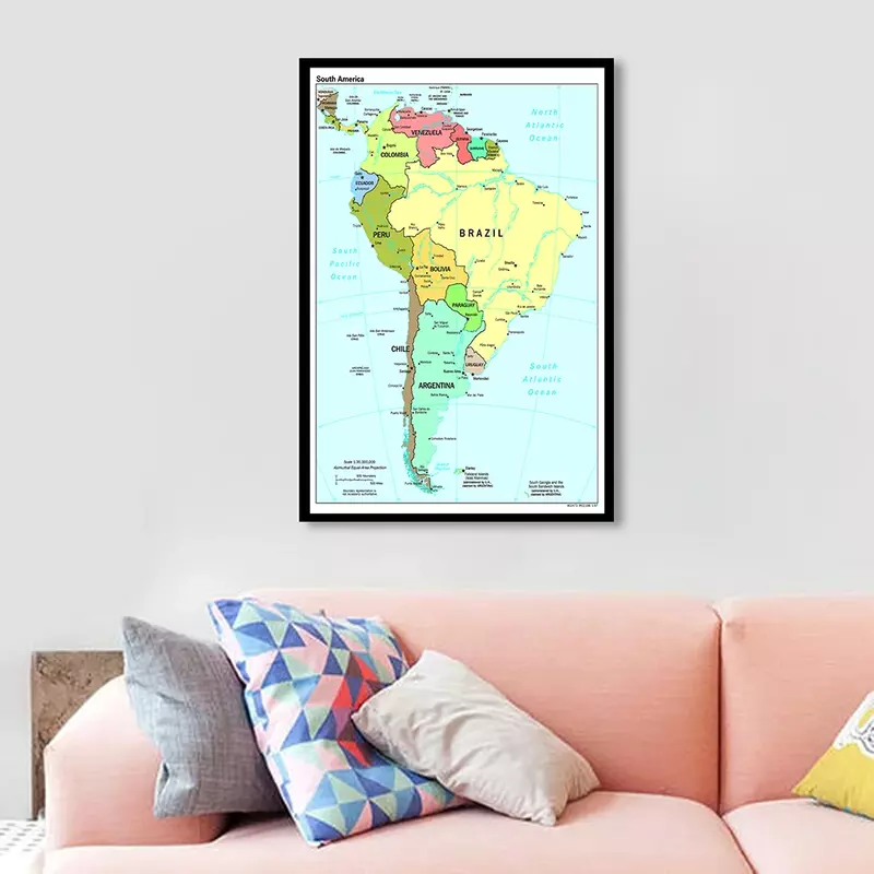 Mapa politico de América del Sur, lienzo pintado con Spray, arte de pared, póster para sala de estar, decoración del hogar, suministros escolares, 60x90cm