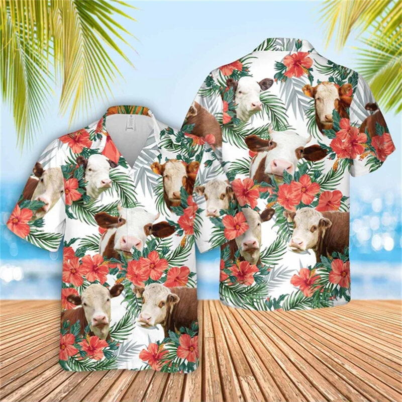 Camisa havaiana de manga curta masculina, camisas masculinas de flores, estampa 3D Animel, tops de moda praia, blusa 6XL