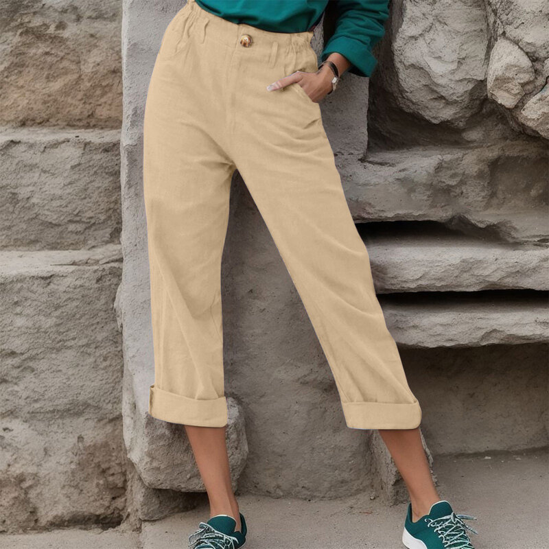 Pantalones de algodón de cintura alta para mujer, pantalón de pierna recta, holgado e informal, a la moda, para primavera y verano, 2024
