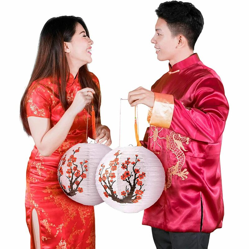 Lâmpada de papel redondo para decoração doméstica, flores vermelhas chinesas, lanterna de papel, branco, chinês, festa de casamento, 6 Pack, 12 Polegada