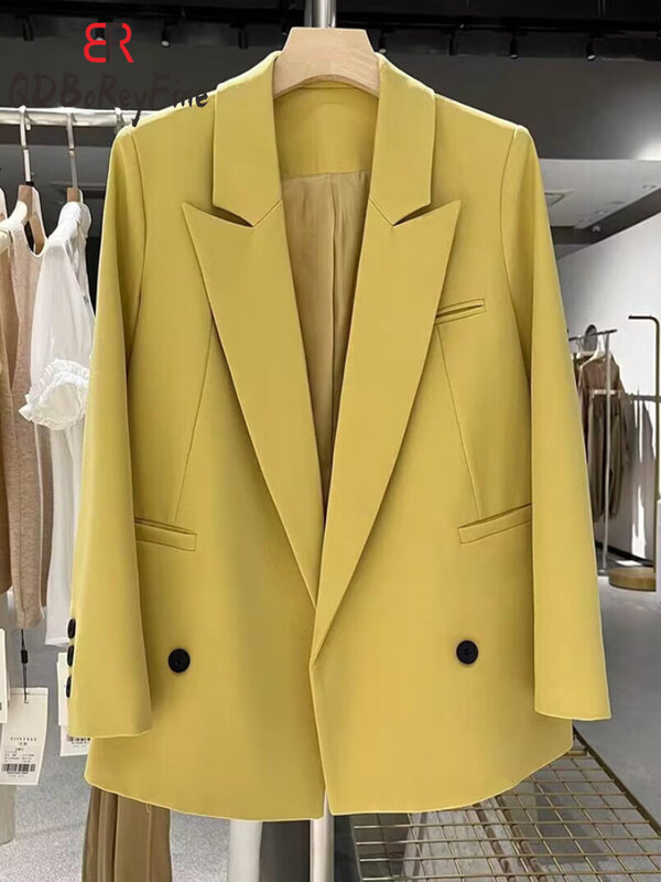 Blazer de peito duplo feminino, tops de manga longa para senhoras, elegante terno de escritório, jaquetas casuais grandes, novas para a primavera