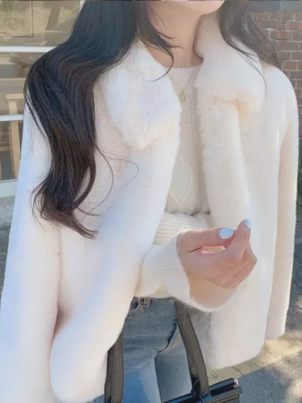 Casaco de pele sintética para mulheres, sobretudo curto, gola virada para baixo, jaqueta casual feminina, grosso, quente, acolchoado de algodão, inverno, 2023