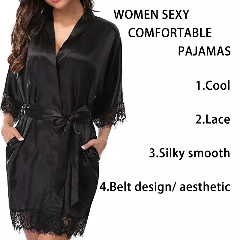 Iace-Pijama de seda para mujer, ropa de dormir, camisones de media manga, albornoz de encaje negro, suave, cómodo, Color puro