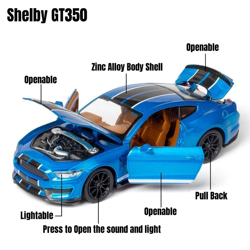 1/32 Ford Shelby Gt500 Gt350 Speelgoedauto Voor Kinderen Diecast Metalen Miniatuur Model Terugtrekken Geluid En Lichtcollectie Cadeau Jongens