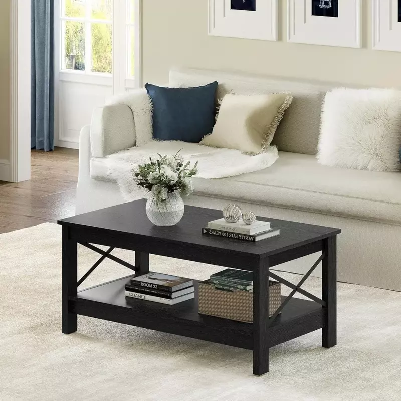 Mesa de centro con almacenamiento para sala de estar, mesas de café industriales modernas con patas más gruesas de 2 niveles, con marco resistente, negro