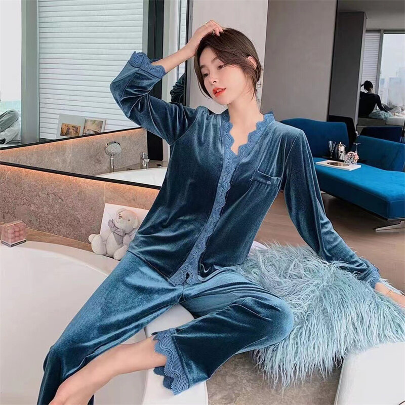 Women Fashionable Casual Home Wear Spring and Autumn Long Sleeve Soft Pajama Set Solid Color V-neck Lace Cardigan Loungewear