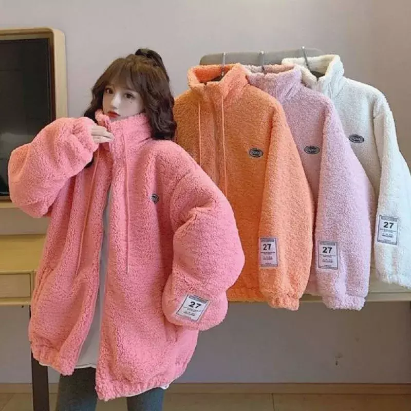 Plus mantel empuk Jepang musim dingin, Atasan Wanita ritsleting longgar bahan wol domba imitasi panjang warna permen ukuran besar