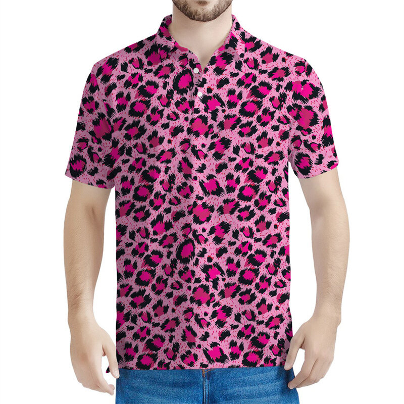 Camisa polo com padrão leopardo masculina e feminina, tops de manga curta estampados em 3D, camiseta de rua verão, camiseta de lapela multicolorida