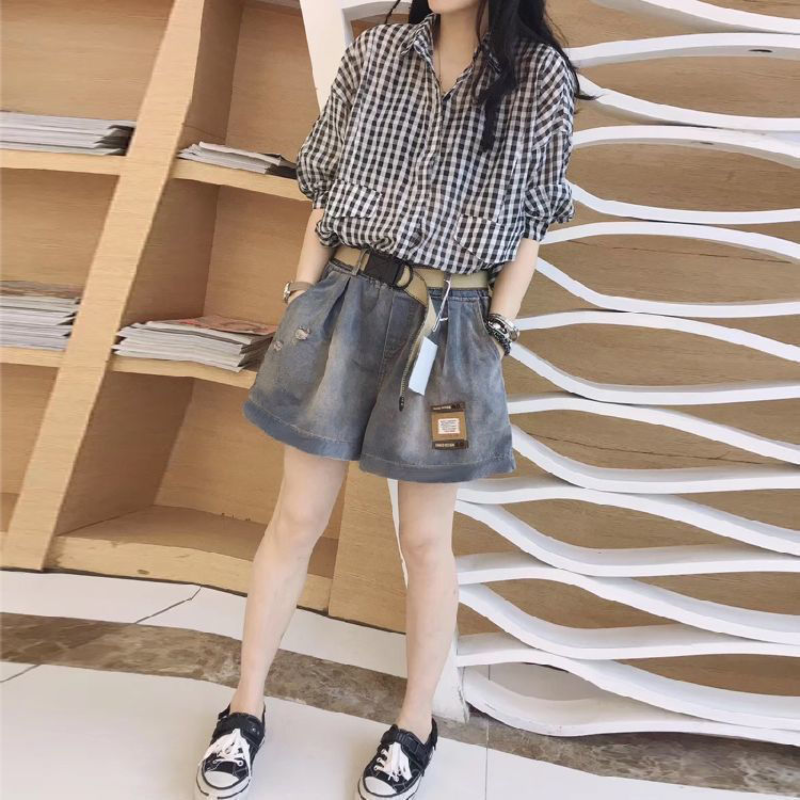 Mode lässig Damen Set Frühling/Sommer koreanische Version dünne lose Hemd elastische Taille Denim Shorts zweiteiliges Set