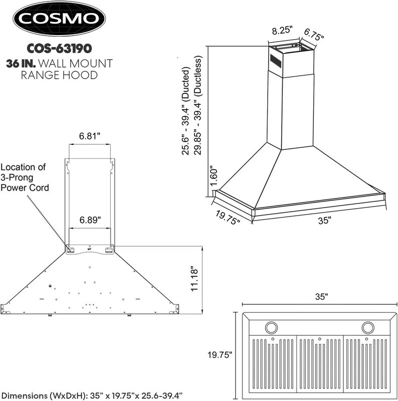 COSMO 63190 36 in. Wall Mount Range Hood with Ducted Convertible Ductless (No Kit Included), Kitchen Chimney-Style Over Stove