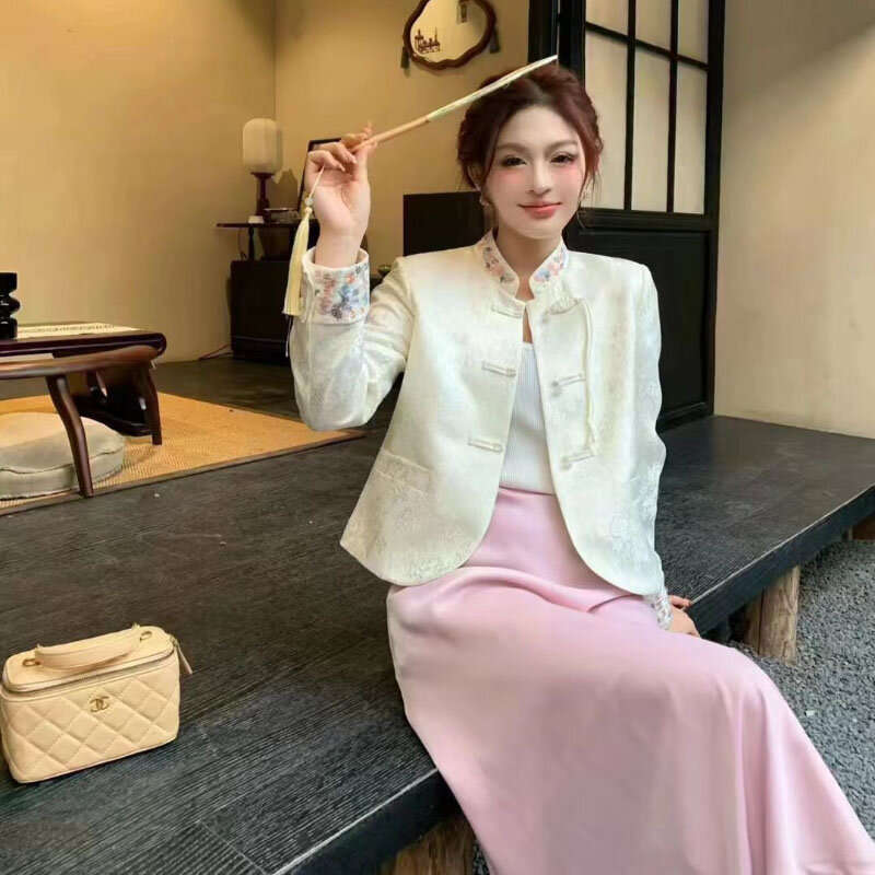 Jaket mantel Cina wanita, atasan jaket kancing longgar lengan panjang dan Gugur 2024