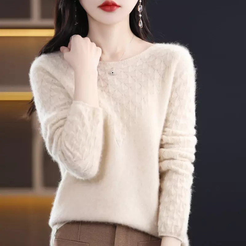 Suéter de lã merino feminino, pulôver oco com decote em O, suéter chique de caxemira, top fino solto, novo para primavera e outono