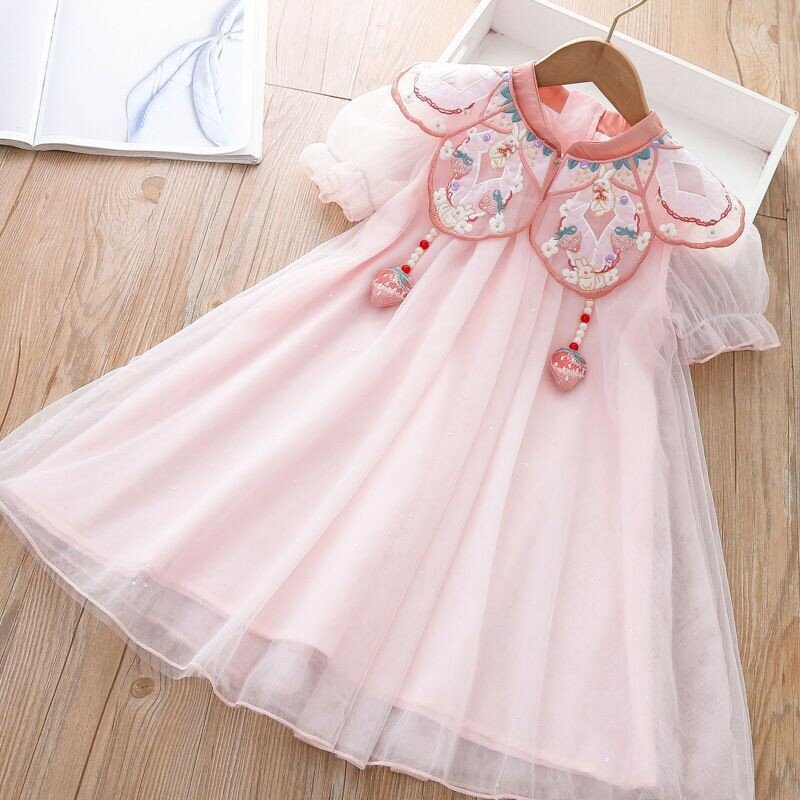 Милая газовая юбка для девочек, детское традиционное платье-Ципао в китайском стиле с вышивкой и открытыми плечами в виде облаков
