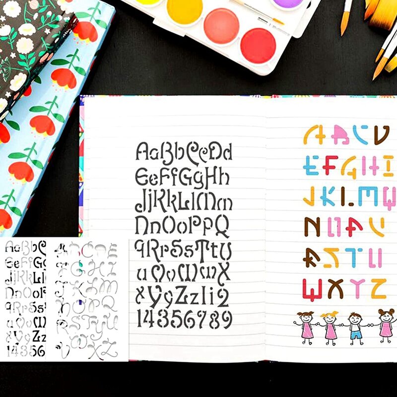 Stencils reusáveis do alfabeto para pintar, stencils plásticos, diy, desenho, pulverização, escala, 36 pcs