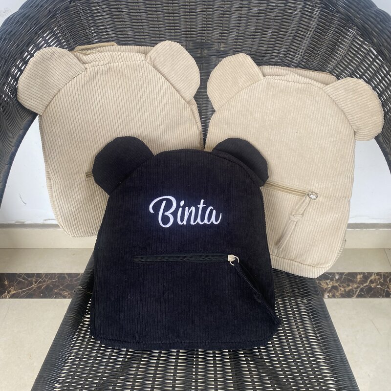 Mochila de pana bordada con nombre personalizado para niña, bonito oso, regalo de cumpleaños para bebé