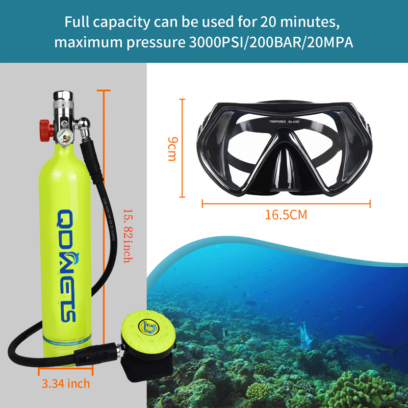 QDWETS 1L wyposażenie zbiornika do nurkowania, Mini pompa powietrza z butlą do nurkowania pod wysokim ciśnieniem z 15-20 minutowym zapasowy Adapter zbiornik do nurkowania dla Unde