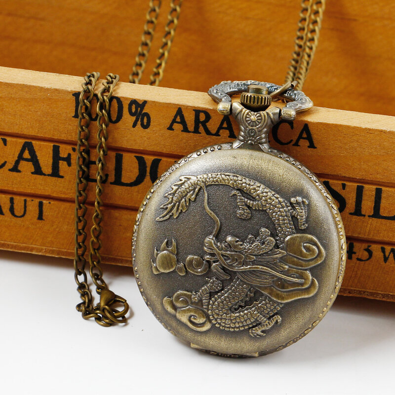 Jam tangan saku kuarsa desain naga antik Chinois kalung pria keren kepribadian Retro reloj de bolsillo