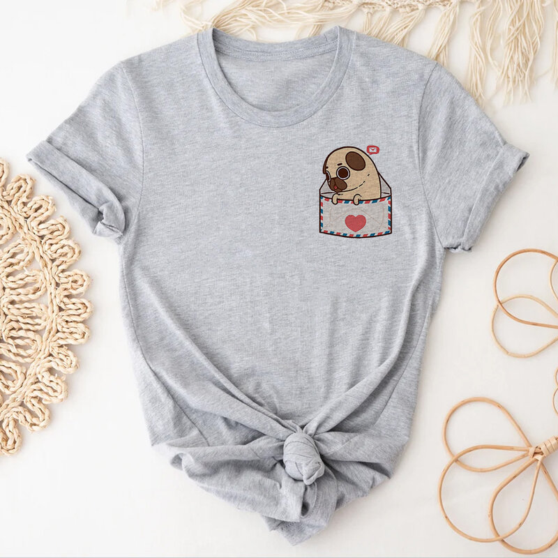 Camiseta de Pug para mujer, top harajuku, ropa de cómic para niña