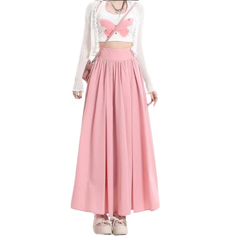 여성용 빈티지 신축성 허리띠, 하이웨이스트 플리츠 A라인 하라주쿠 패션, 단색 스커트, 용수철 여름
