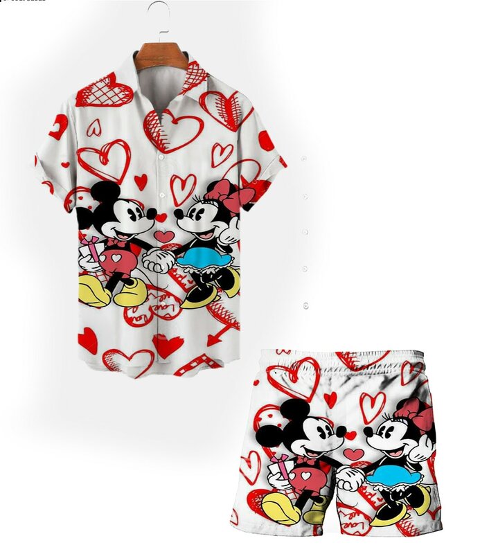 New Beach Suit Mickey Minnie Cartoon 2024 Summer Street Casual Men's Lapel Short Sleeve Shirt Fashion Drawstring Shorts