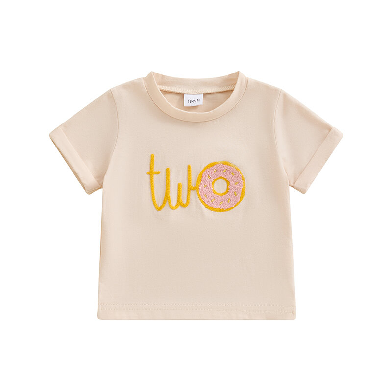 男の子と女の子のための半袖ドーナツの手紙が刺繍されたTシャツ,トップス,ラウンドネック,ファッショナブル