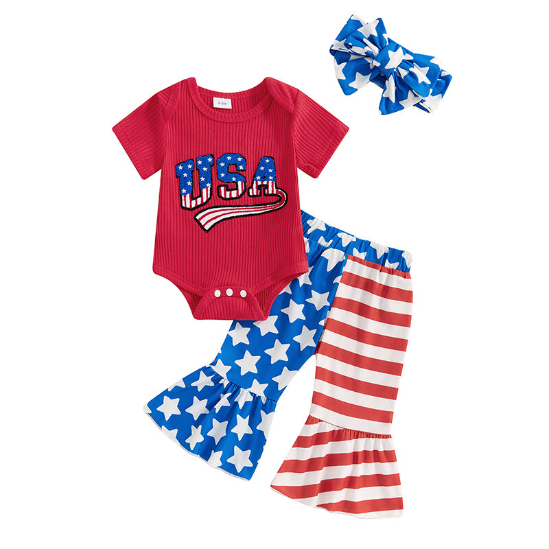 Baby Girls 4th of July Sets Short Sleeve Letter Print Romper Stars Stripe Print Pants Headband Sets