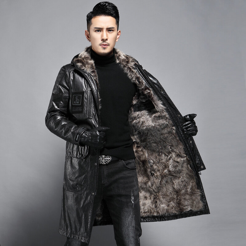 Jaqueta de couro genuíno com capuz para homens, casaco longo de couro, jaqueta de lã, roupas de primeira camada, nova chegada, inverno, L-5XL, 2023