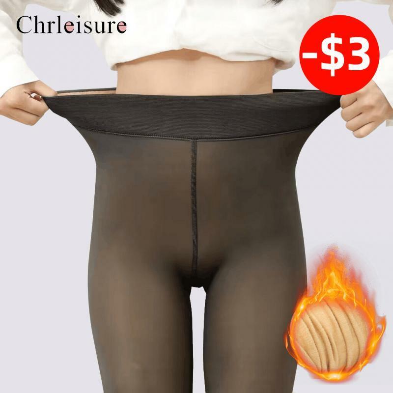CHRLEISURE-Collants térmicos de cintura alta para mulheres, meia-calça de lã, meias translúcidas falsas, sexy, quente, inverno