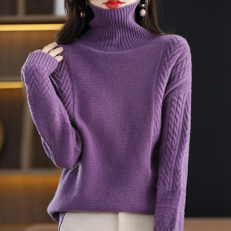 Женский свитер из чистой шерсти, свободный жаккардовый свитер с воротником «хомут» и цветочным принтом, утепленная верхняя одежда для осен...