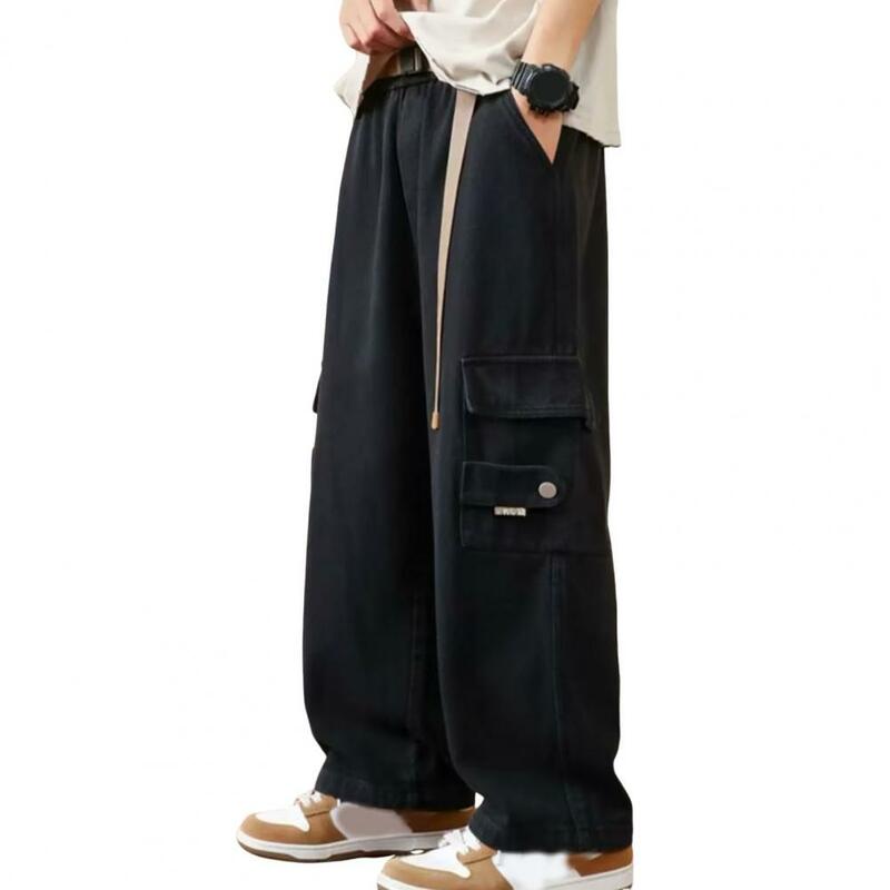 Calça de carga vintage masculina solta, calça retrô elástica na cintura, bolsos múltiplos, decoração com alça, suave e respirável para o dia a dia