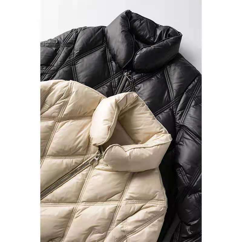 Women's Down Jacket Women's Autumn and Winter Fashion Simple Stand-up Collar Rhombus Short White Duck Down New Warm Jacket Woman