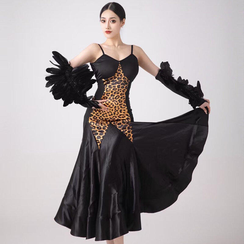 فستان رقص نسائي بطبعة الفهد بأكمام ريش ، تنورة عظم السمكة ، أزياء أداء عصرية ، DN17988 ، جديد