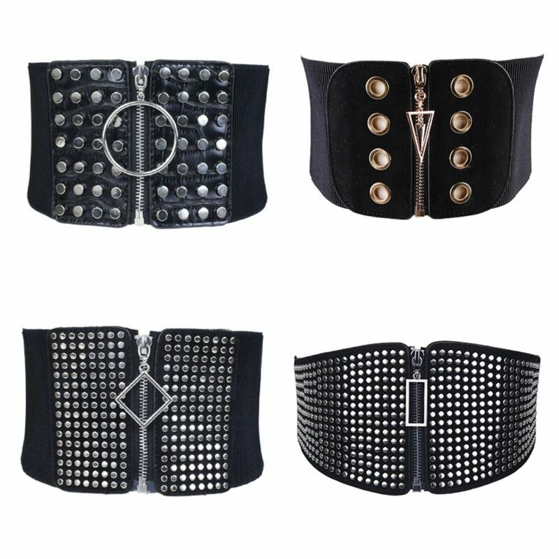 Cinturilla elástica de punto, cinturón de aleación negro, cinturón ancho elástico con cremallera, moda