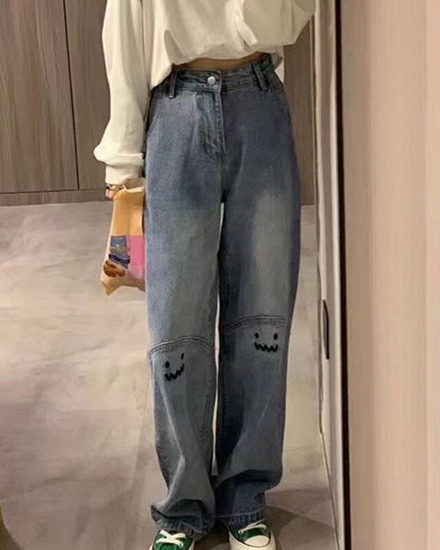 GIDYQ Vintage Smiling Face Embroidered Jeans Women Fashion Cute High Waist Straight Trousers Casual Loose Wide Leg Pants Autumn