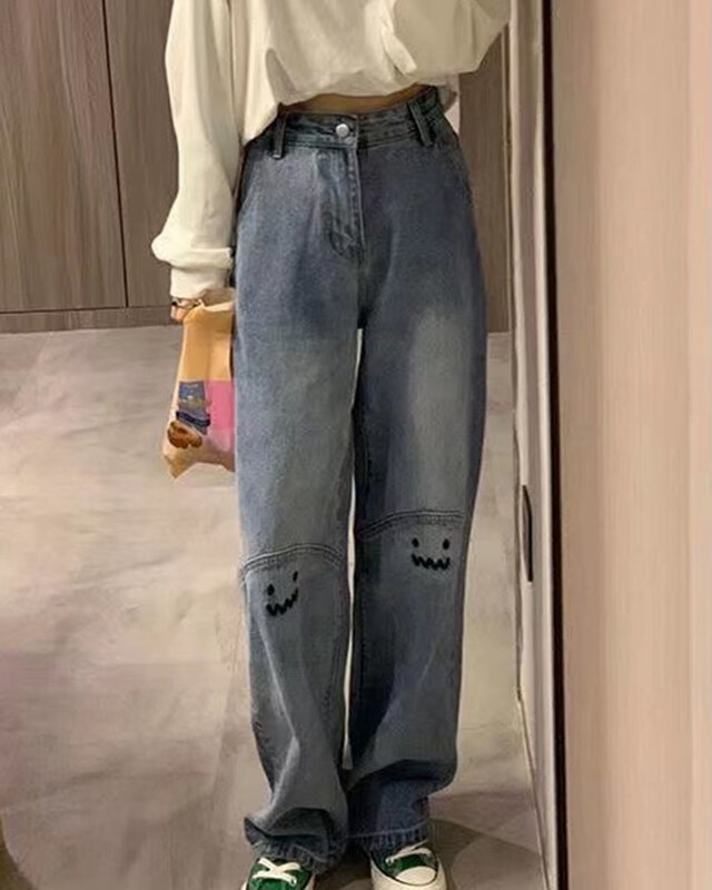 Gidyq Vintage lächelndes Gesicht bestickte Jeans Frauen Mode niedlich hohe Taille gerade Hose lässig lose weites Bein Hosen Herbst